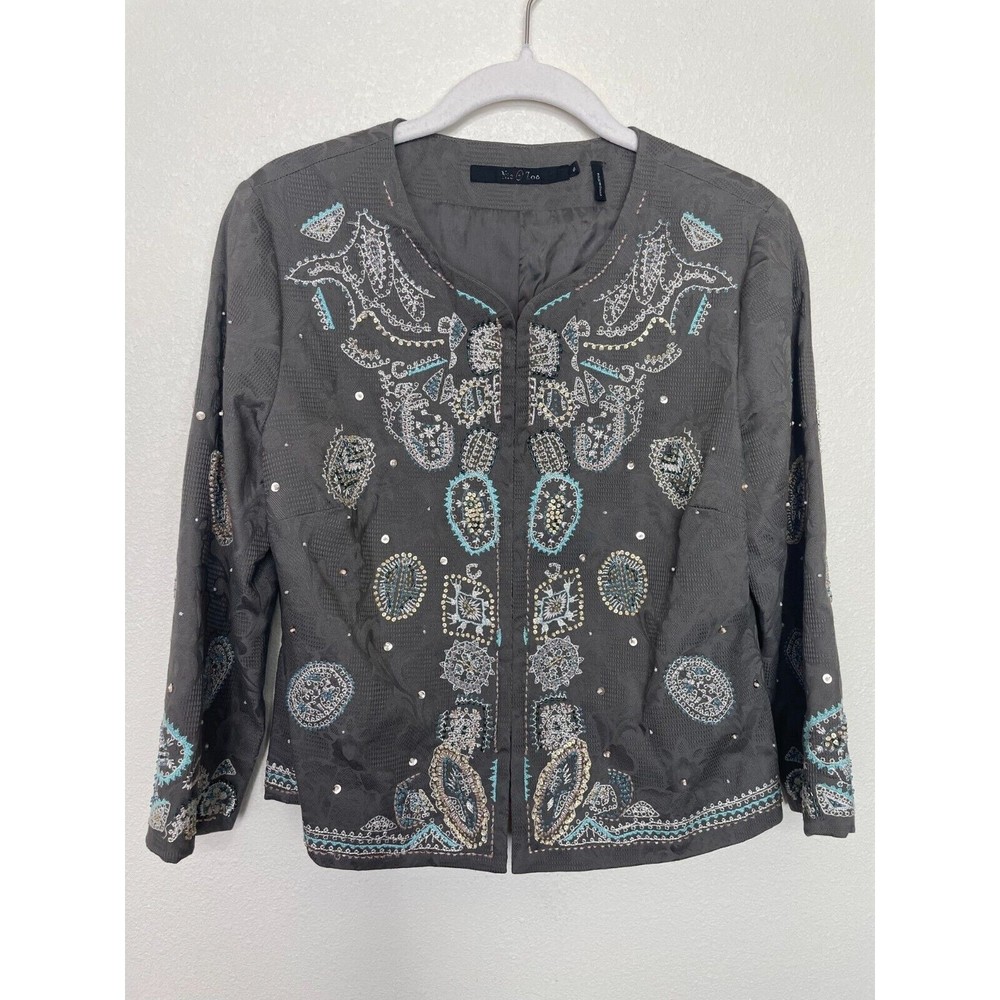 Nic + Zoe Small Jacket Gray Paisley Embroidered 3/4 Sleeve 100% Cotton Sequins
